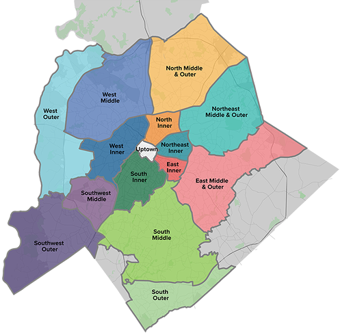 A color-coded map of districts, showing various regions labeled as West, North, East, and South, including Inner and Outer classifications. Different colors designate each district clearly.