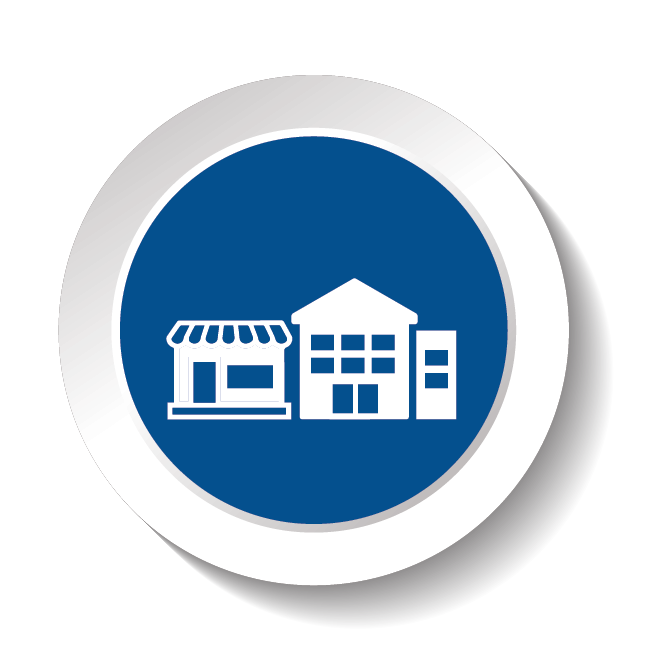 An icon featuring a storefront with an awning alongside a building, set within a circular blue background. The design is simple and uses white graphics.