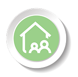 An icon featuring a simple house outline above two stylized figures, all in white, on a green circular background with a silver border.