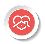 A round icon featuring a heart symbol integrated with a house outline, set against a red background with a white border.