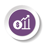 An icon depicting a dollar sign and an upward trending graph inside a circular purple background, symbolizing financial growth or success.