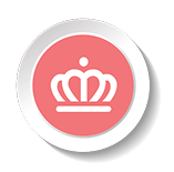 A circular logo featuring a white crown symbol on a coral pink background, enclosed by a white circular border.