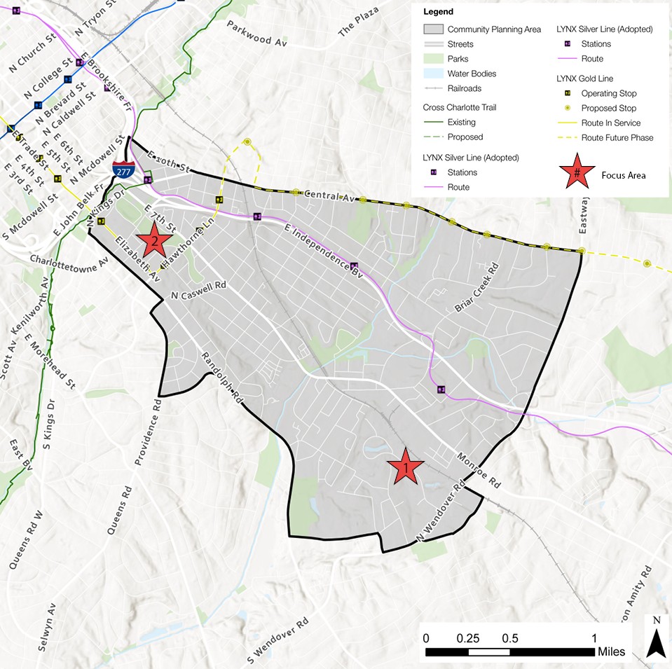 A map showing a community planning area with highlighted focus areas marked by red stars. Features include streets, parks, and the LYNX Silver Line route in a shaded region.