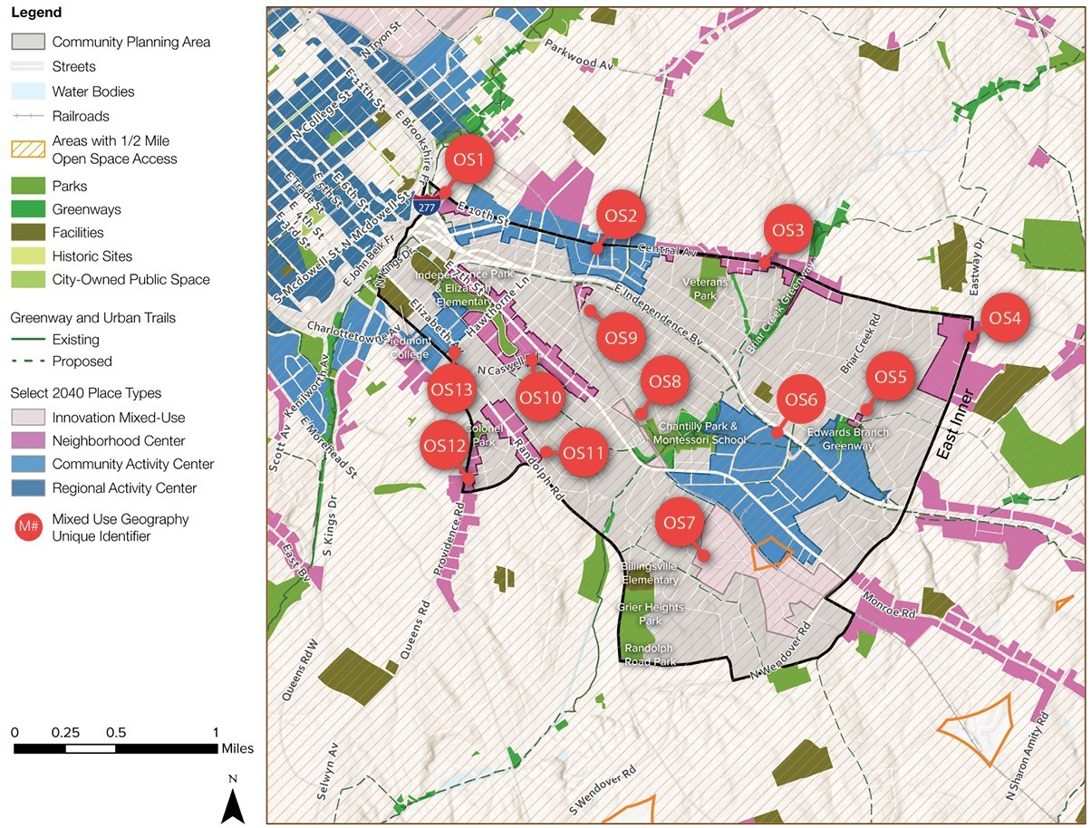 A map displaying a community planning area with various features, including streets, water bodies, parks, and land use types. Red dots indicate specific locations, labeled O51 to O56, along with a legend for interpretation.