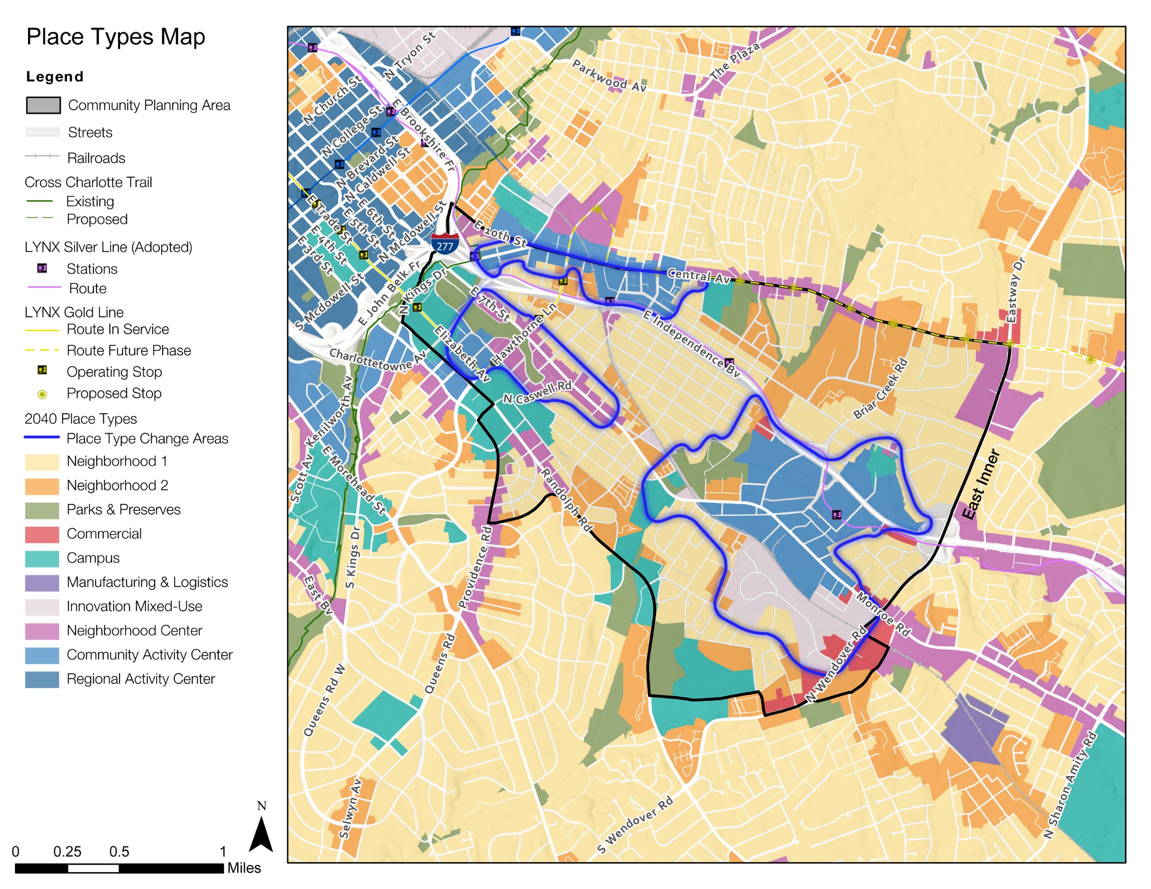 A map showing various place types in a community planning area, marked with colored zones for neighborhoods, commercial areas, and transit routes, along with LYNX station locations and proposed changes.