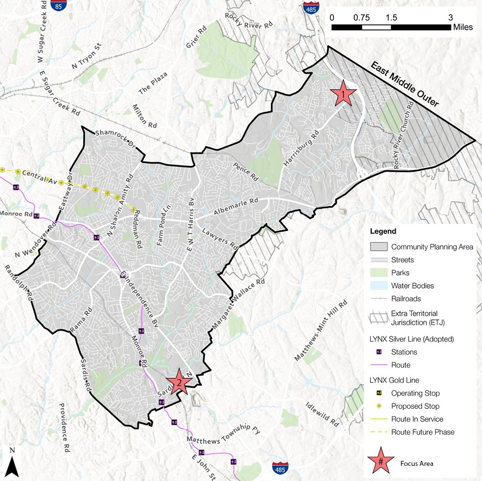 A map displaying the East Middle Outer area, highlighting streets, parks, water bodies, and railroads. The map includes routes for the LYNX Silver and Gold Lines, with stars indicating stations and a focus area.