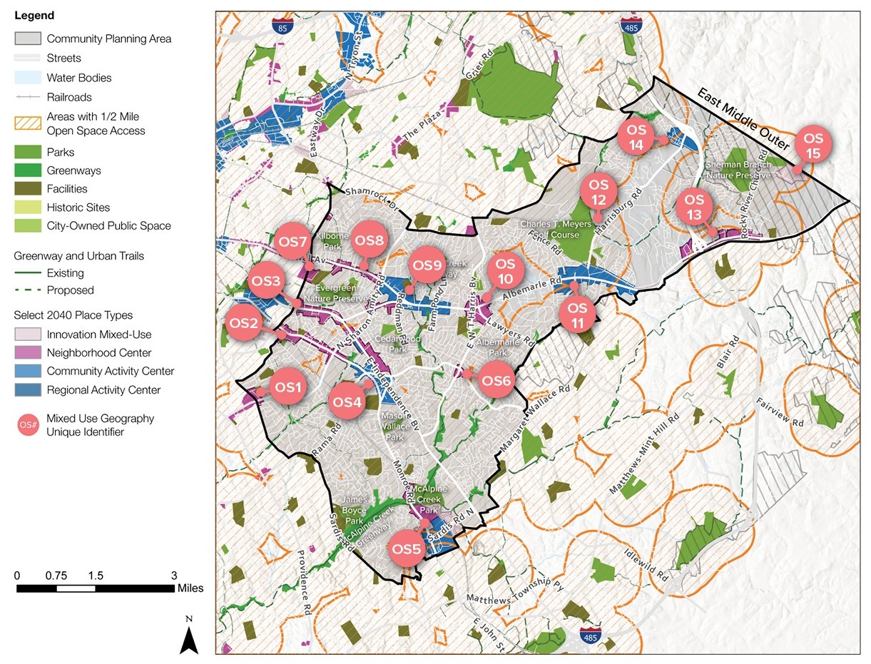 A map showing a community planning area with labeled points of interest, including parks and public spaces. Features such as streets, water bodies, and proposed trails are marked, along with a legend for easy reference.