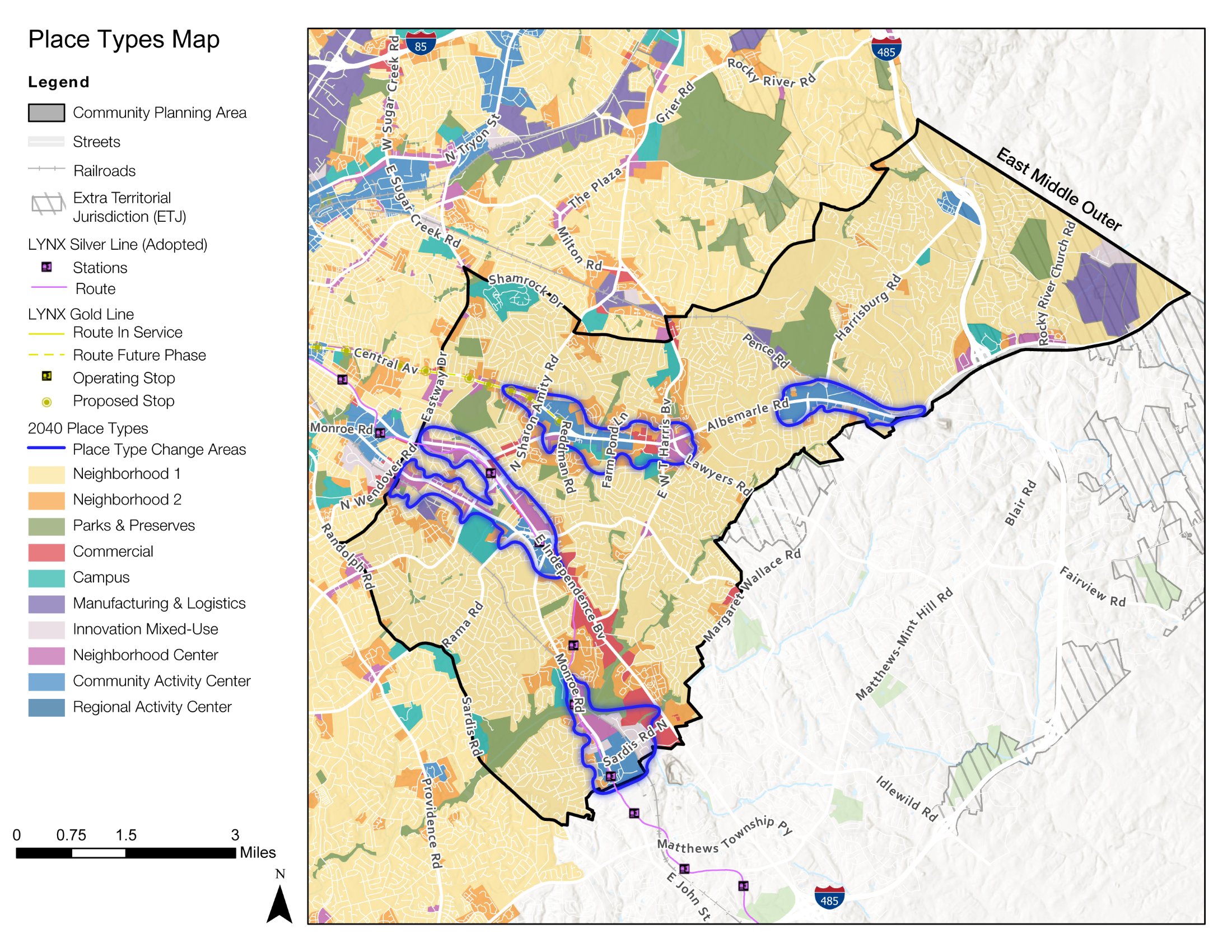 A detailed map showing various community planning areas, streets, and proposed stops for public transportation. The map includes a legend explaining different place types, such as neighborhoods, commercial areas, and activity centers.