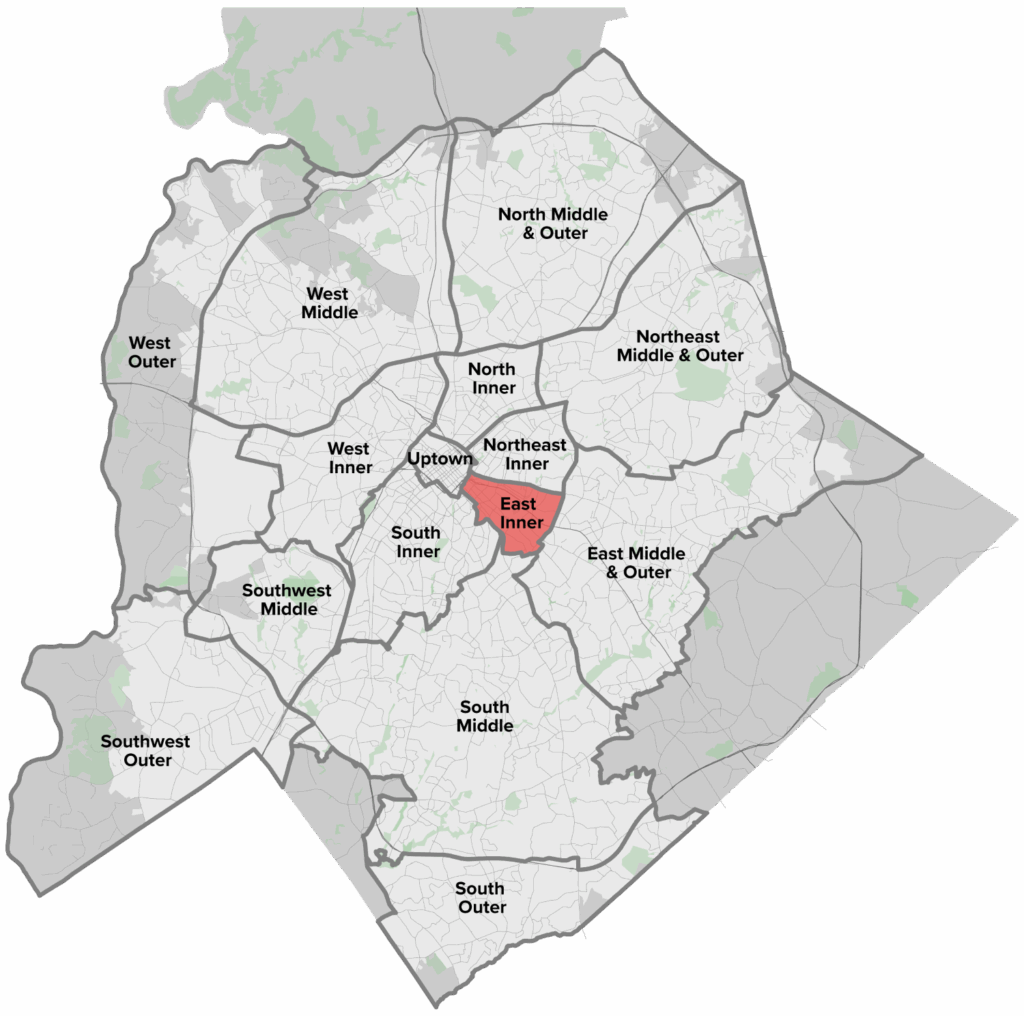 A map showing different districts of a city, with the East Inner district highlighted in red. The surrounding districts are labeled, including North Inner, South Inner, and others.