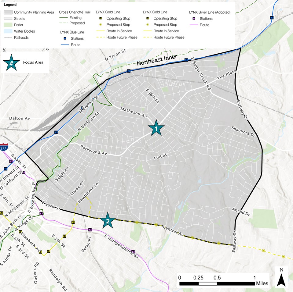 A map depicting the Northeast Inner planning area, highlighting key routes and proposed stops for the LYNX Gold Line. Key features include focus areas marked with stars and surrounding parks, railroads, and community planning zones.