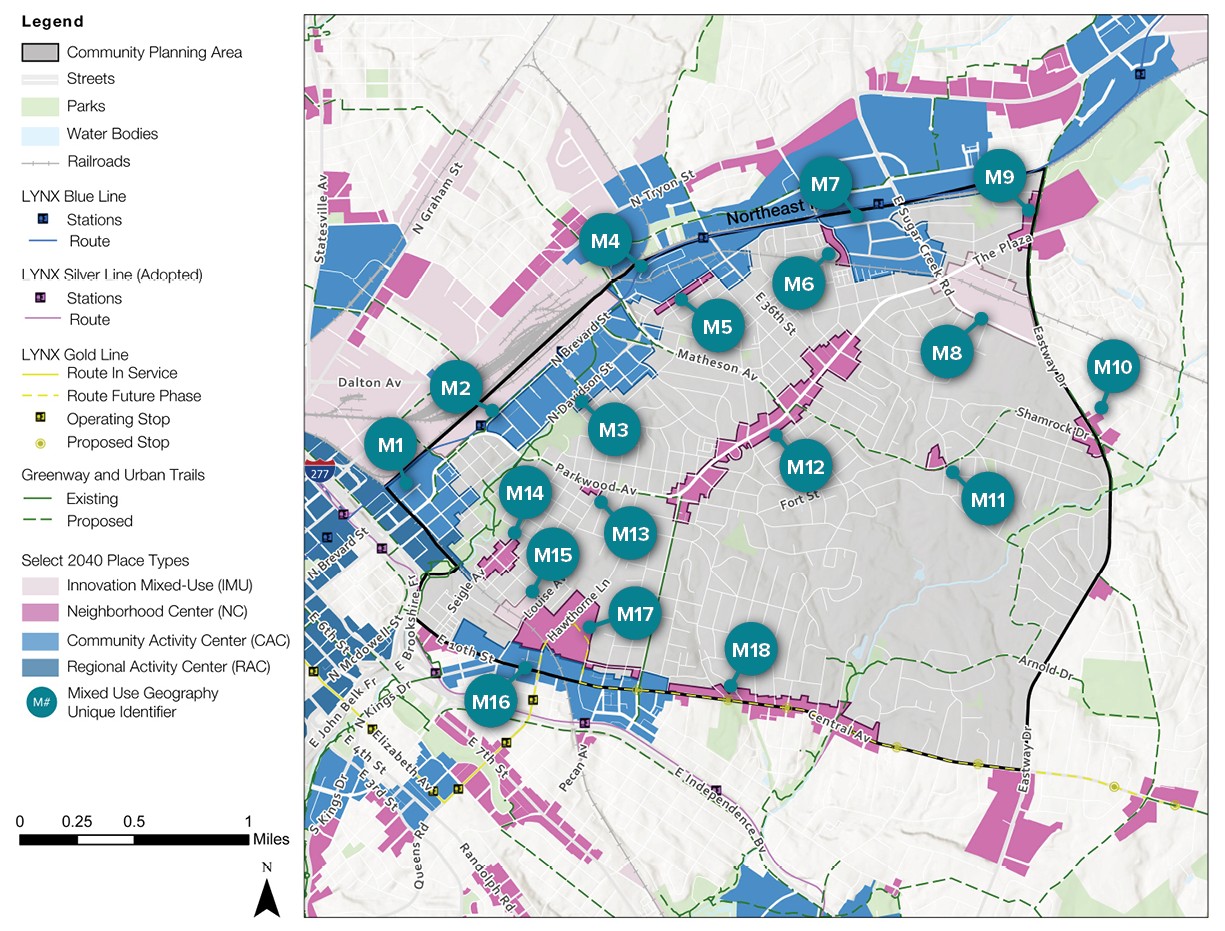 A detailed map showing a community planning area with marked transit routes, including the LYNX light rail system and its stations. Various land use typologies are highlighted in different colors, such as parks, mixed-use areas, and community centers.
