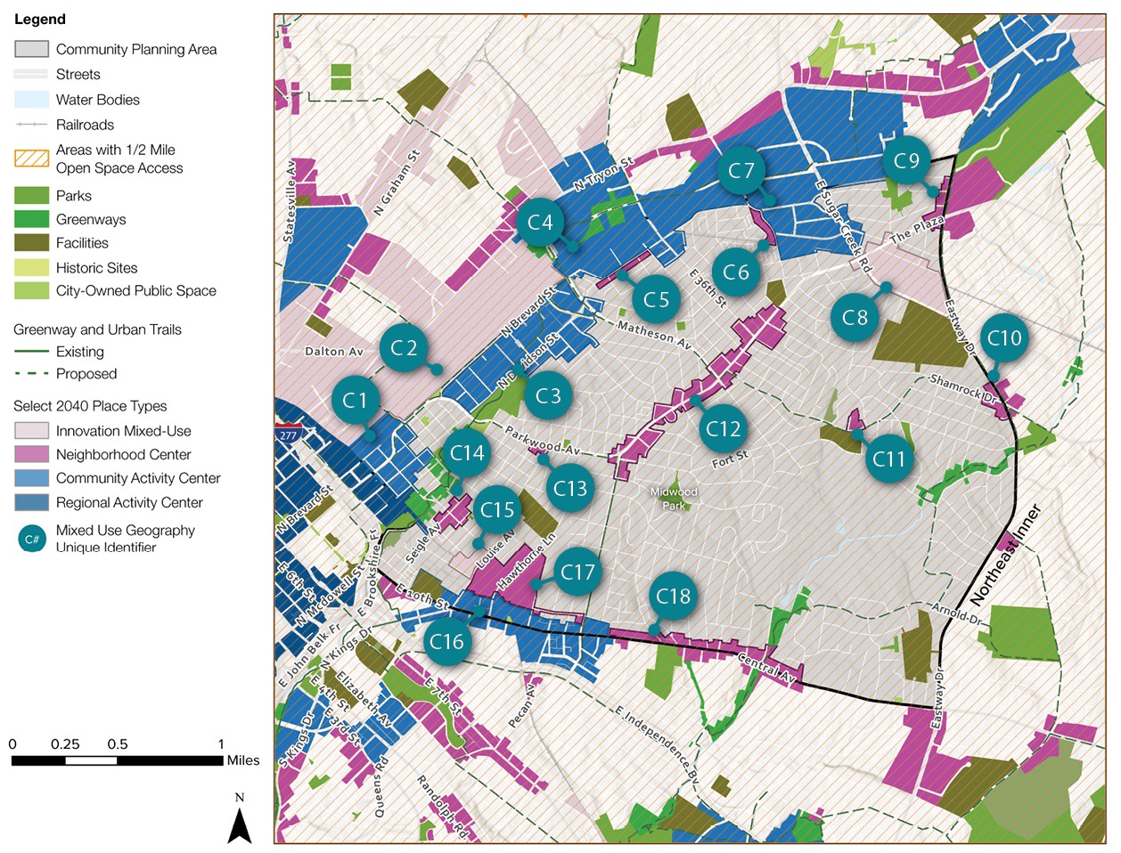 A detailed map indicating a community planning area with marked locations (C1 to C18) and geographical features such as streets, railroads, and parks, including different zones for open space access, and various community centers.