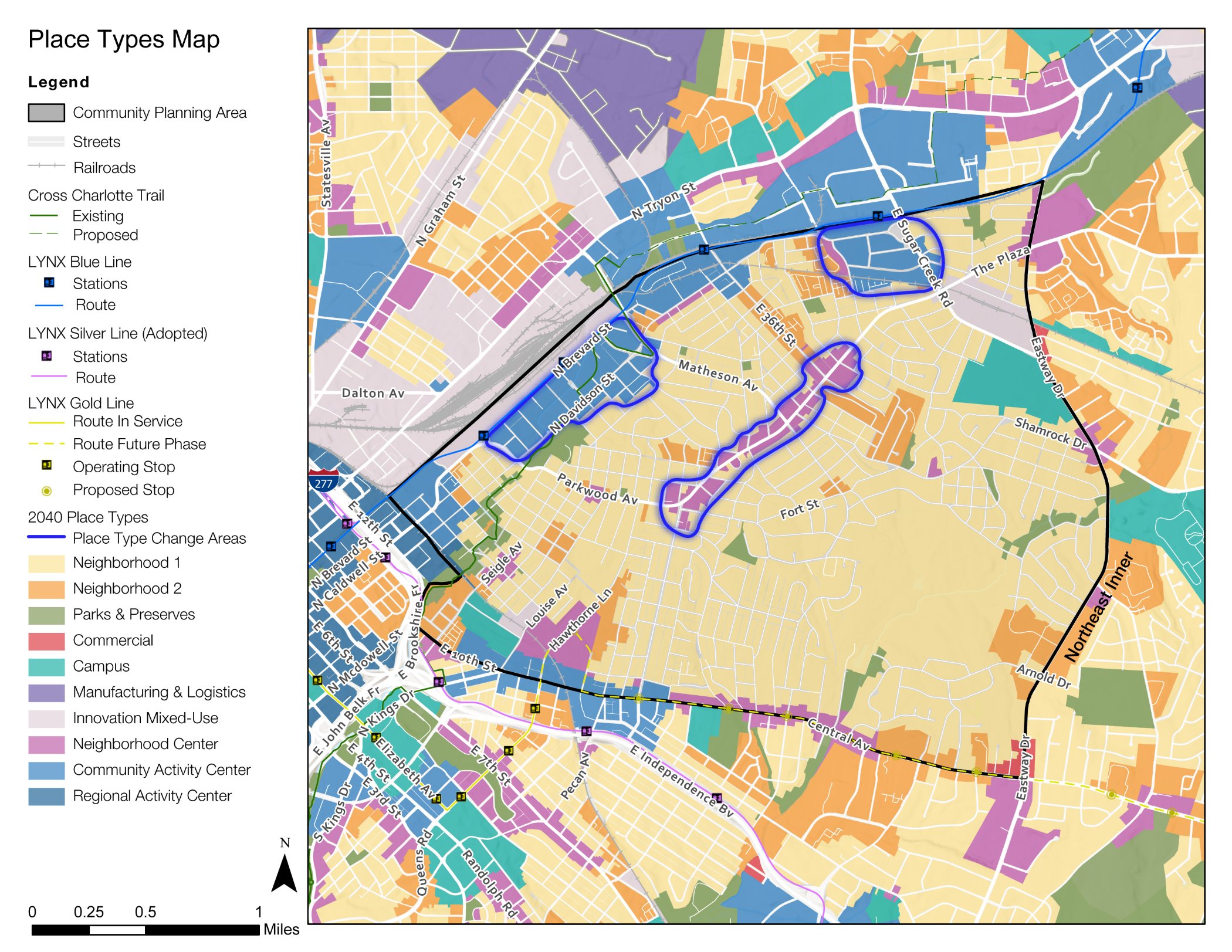 A detailed map displaying various place types, including neighborhoods, parks, and transit lines. The map features streets, proposed areas, and a legend for easy interpretation, with a color-coded layout indicating different zones.