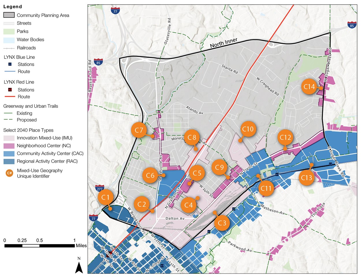 A map illustrating community planning areas with marked places, including various centers and transportation routes. It features key locations such as community centers, parks, and designated mixed-use areas, labeled C1 to C14.