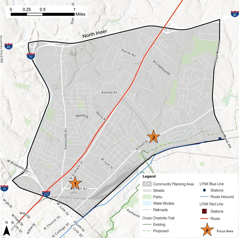 A black and white map showing the North Inner community planning area, highlighting streets, parks, and railroads. The LYNX Blue Line and Red Line routes are marked, along with stations indicated by stars. A focus area is outlined in blue.