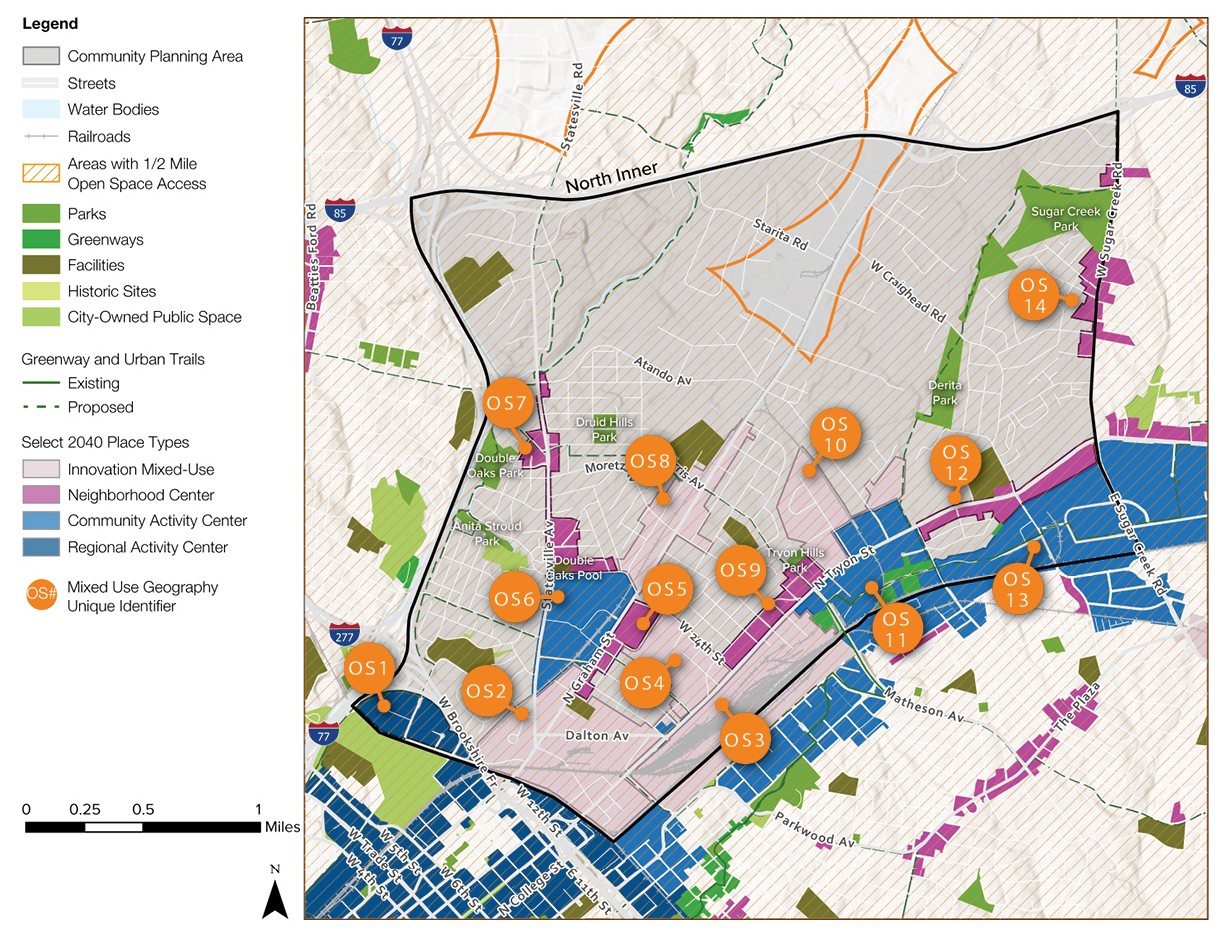A color-coded map showing various community areas, open spaces, and place types including parks and community centers. Key features include a legend with symbols for water bodies and streets, as well as markers indicating locations within the planning area.