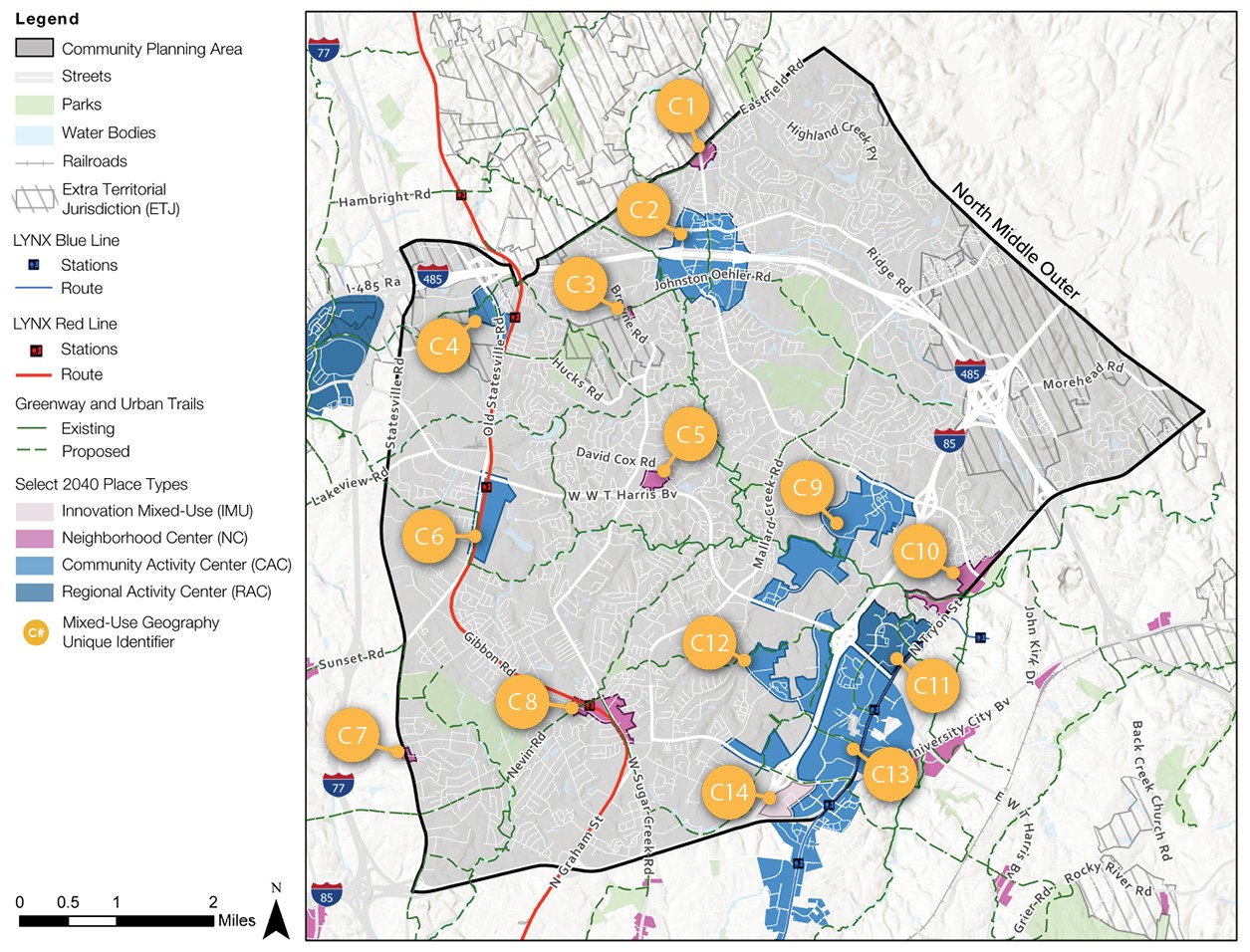 A detailed map showing a community planning area with outlined streets, parks, water bodies, and various public transit lines. Marked locations include stations and proposed place types within the area, indicated by labeled circles.