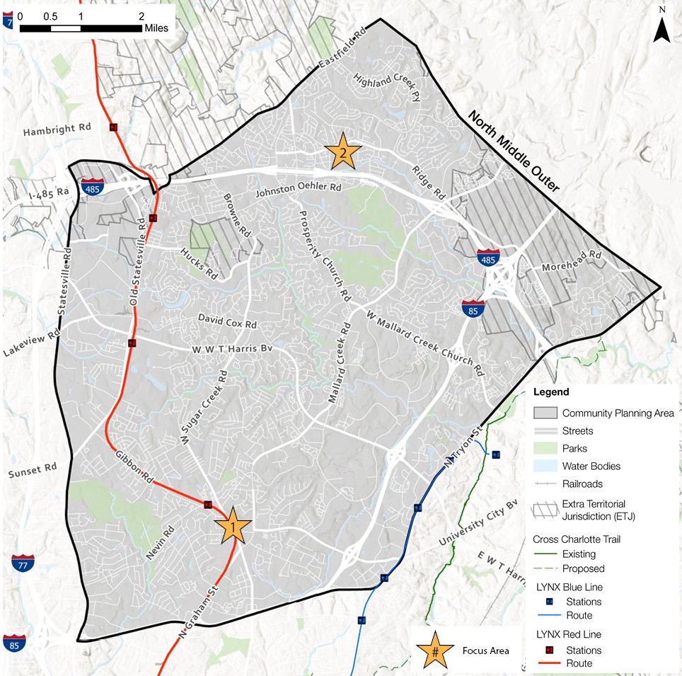 A detailed map showing the North Middle Outer area with streets, parks, and water bodies marked. Key features include community planning area boundaries and highlighted focus areas, along with the LYNX Blue Line route and stations.
