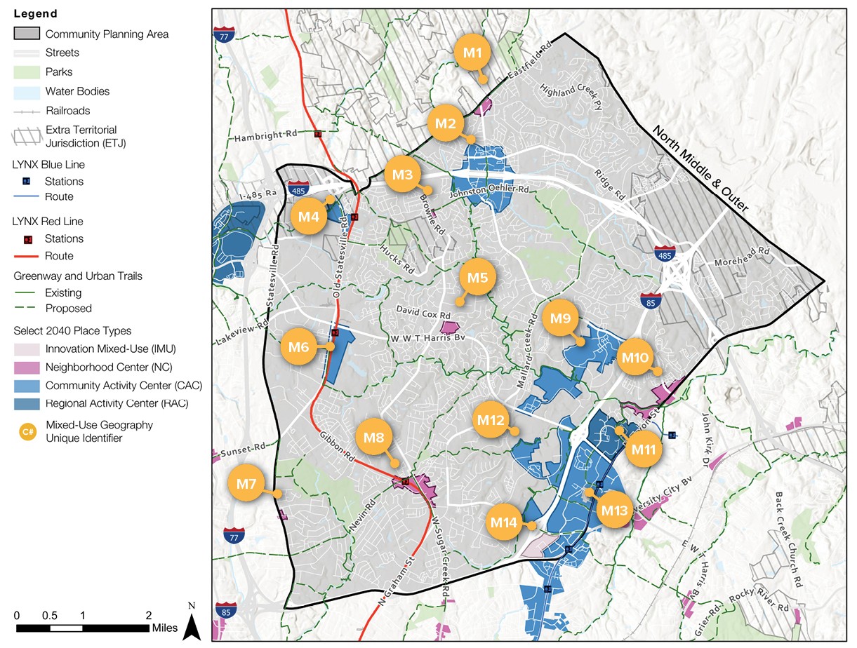A detailed map of a community planning area showing key features such as streets, water bodies, and transit lines. Various zones are marked with labels (M1-M18) indicating different land use types and their designations.