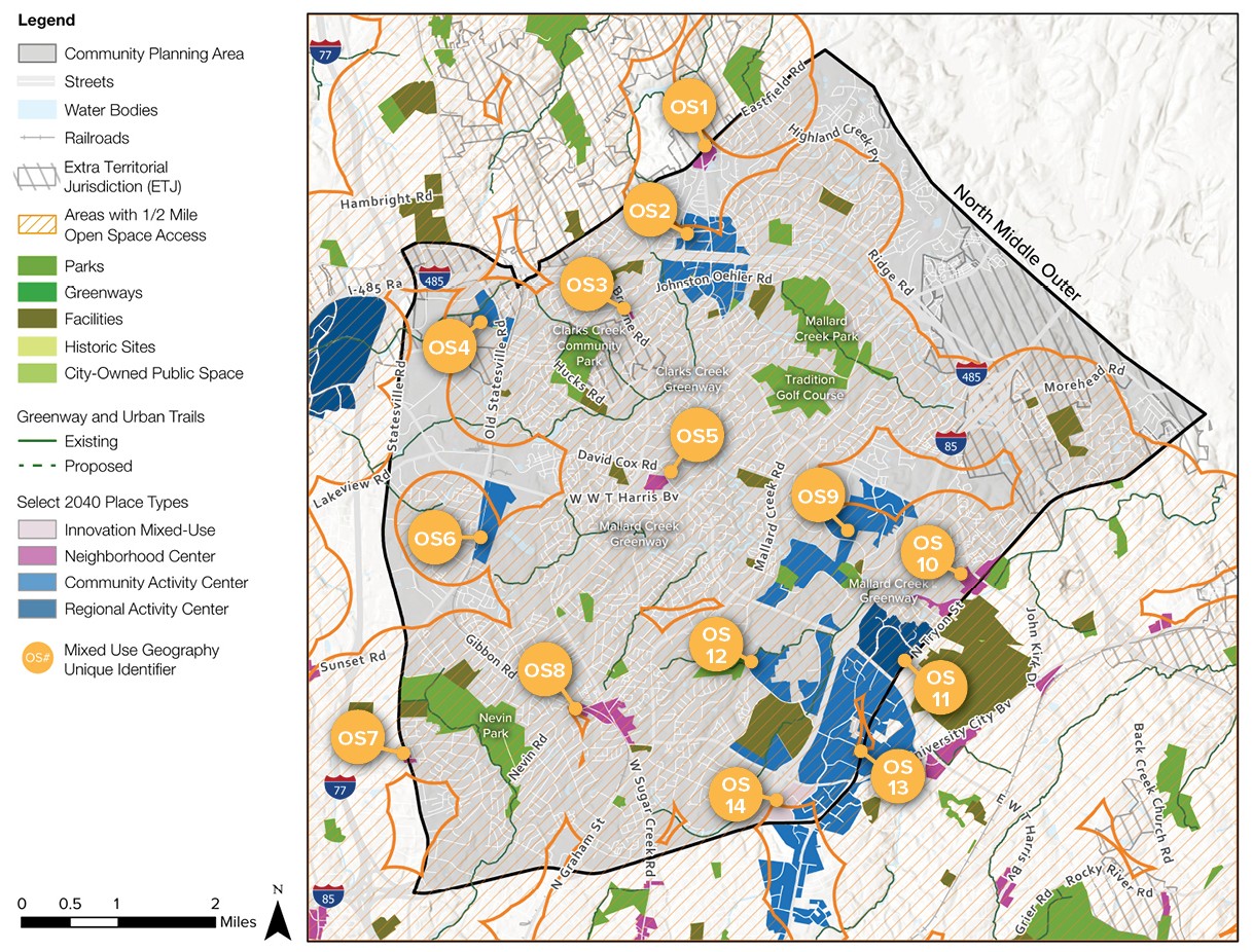 A detailed map showing a community planning area, including streets, railroads, parks, and open space access. Various points of interest are marked with orange circles labeled OS1 to OS12, along with a legend indicating different place types.