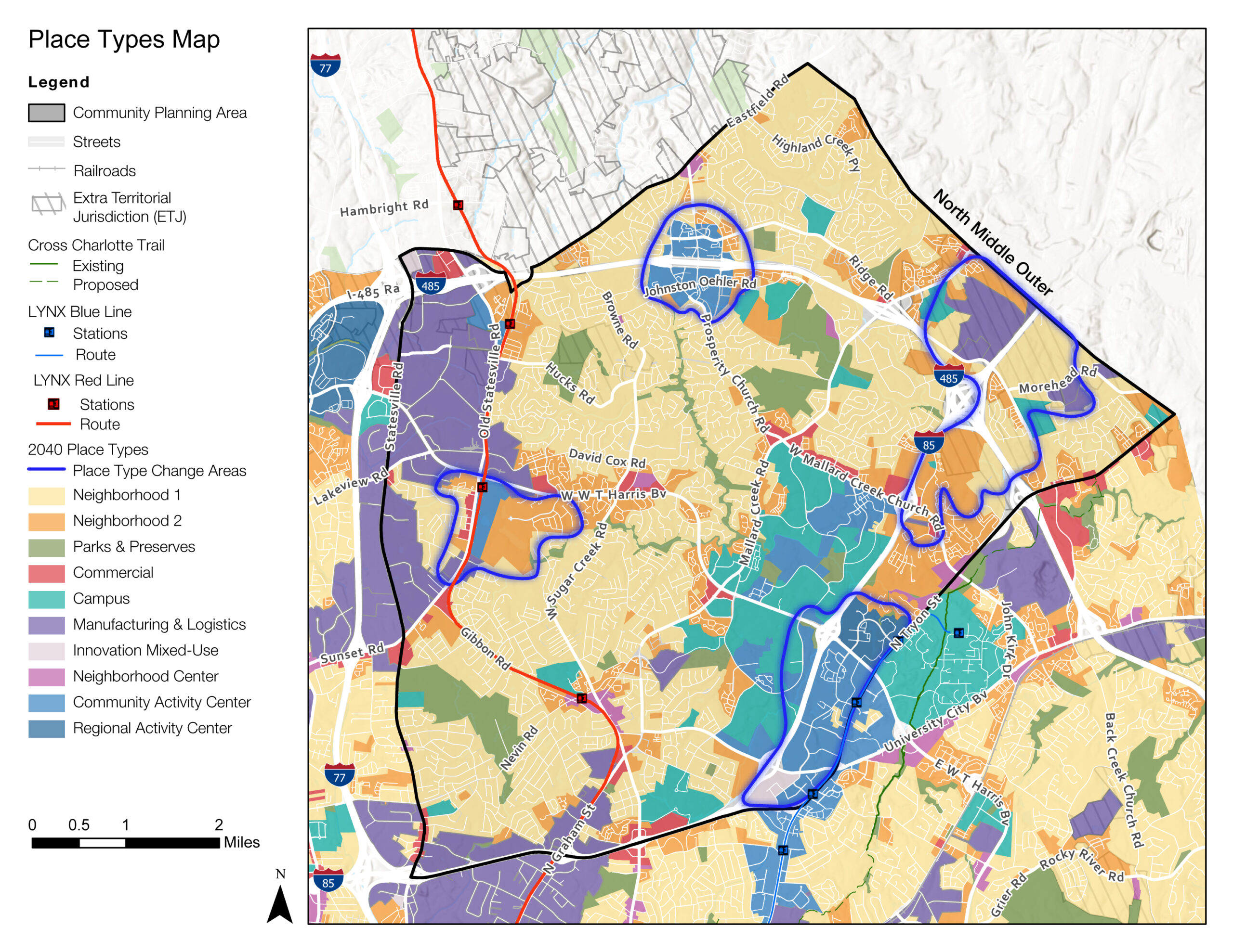 A detailed map labeled 'Place Types Map,' showing community planning areas, streets, and various neighborhoods color-coded. Lines indicate transit routes and planning areas, with a legend for understanding the symbols.
