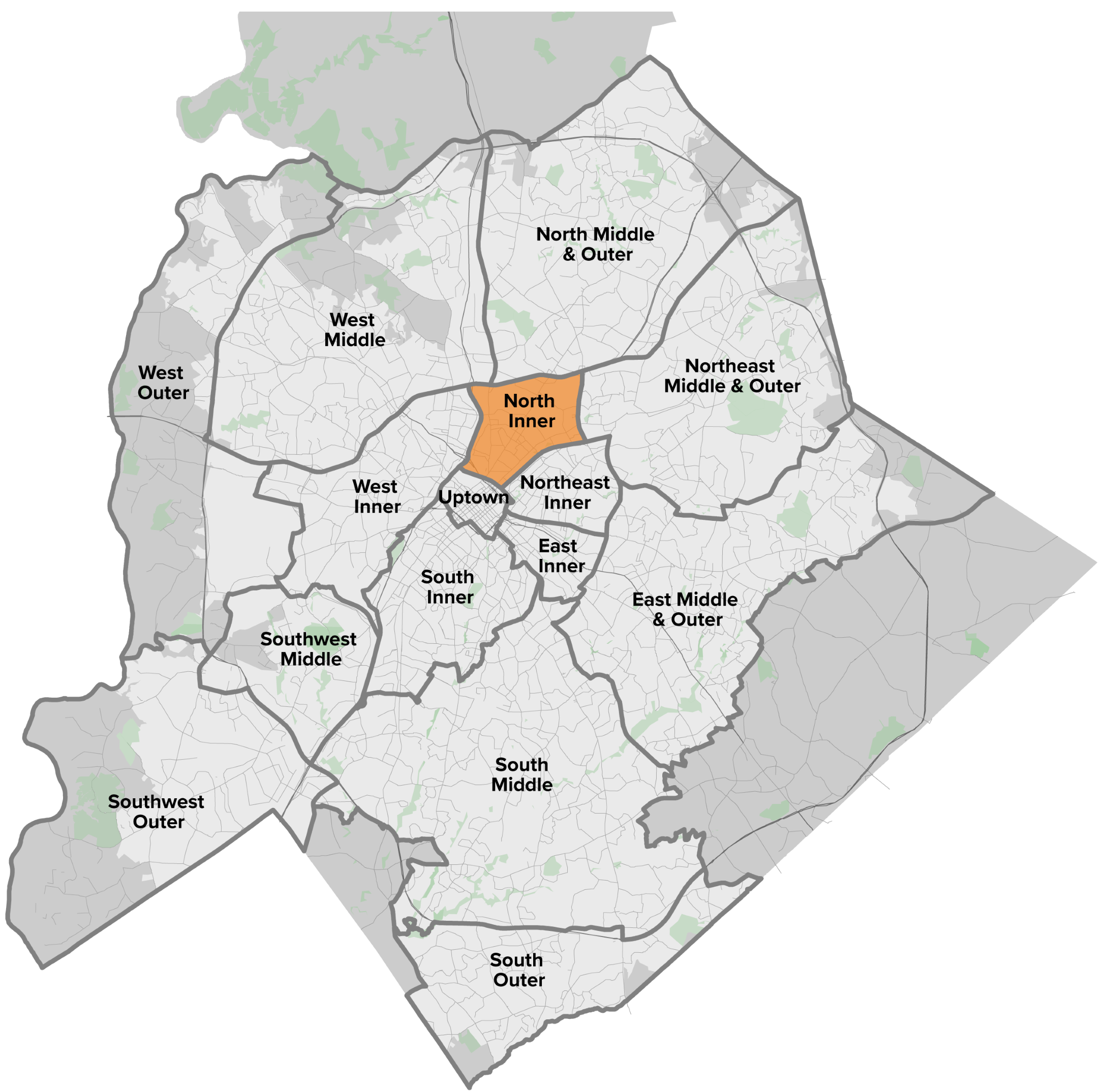 A map showing various neighborhoods in a city, highlighting the 'North Inner' area in orange. Surrounding neighborhoods are labeled and shown in gray, with trees represented in green.