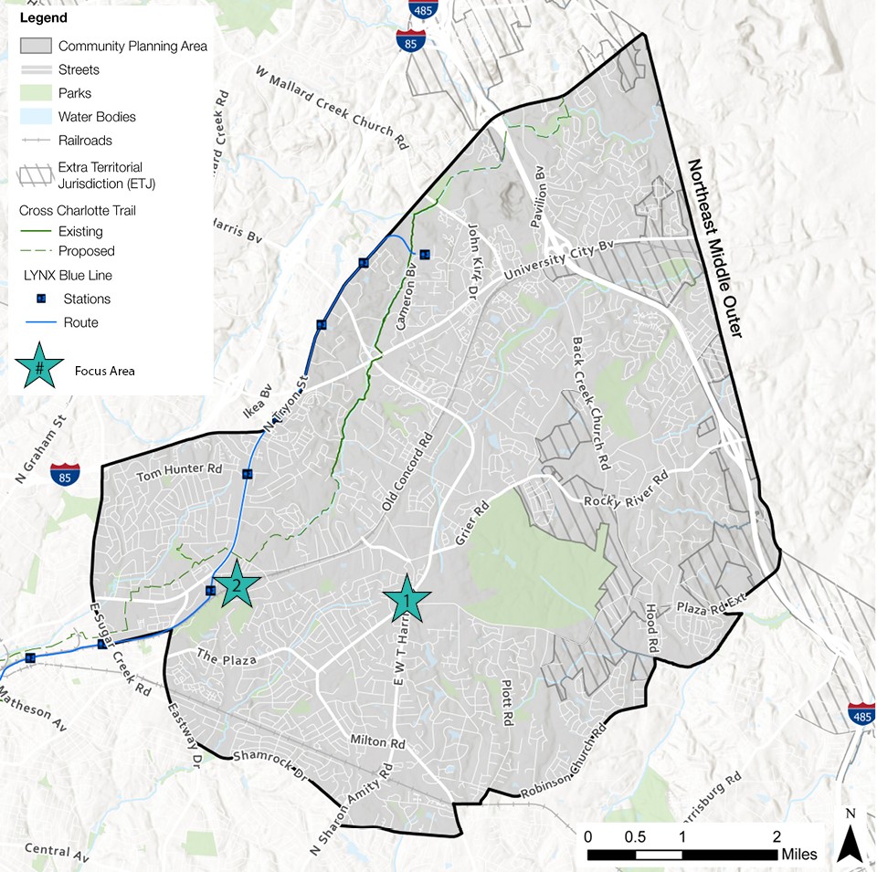 A detailed map highlighting a community planning area. Key features include streets, parks, water bodies, railroads, and proposed developments. Marked focus areas and LYNX Blue Line stations are shown on the route.
