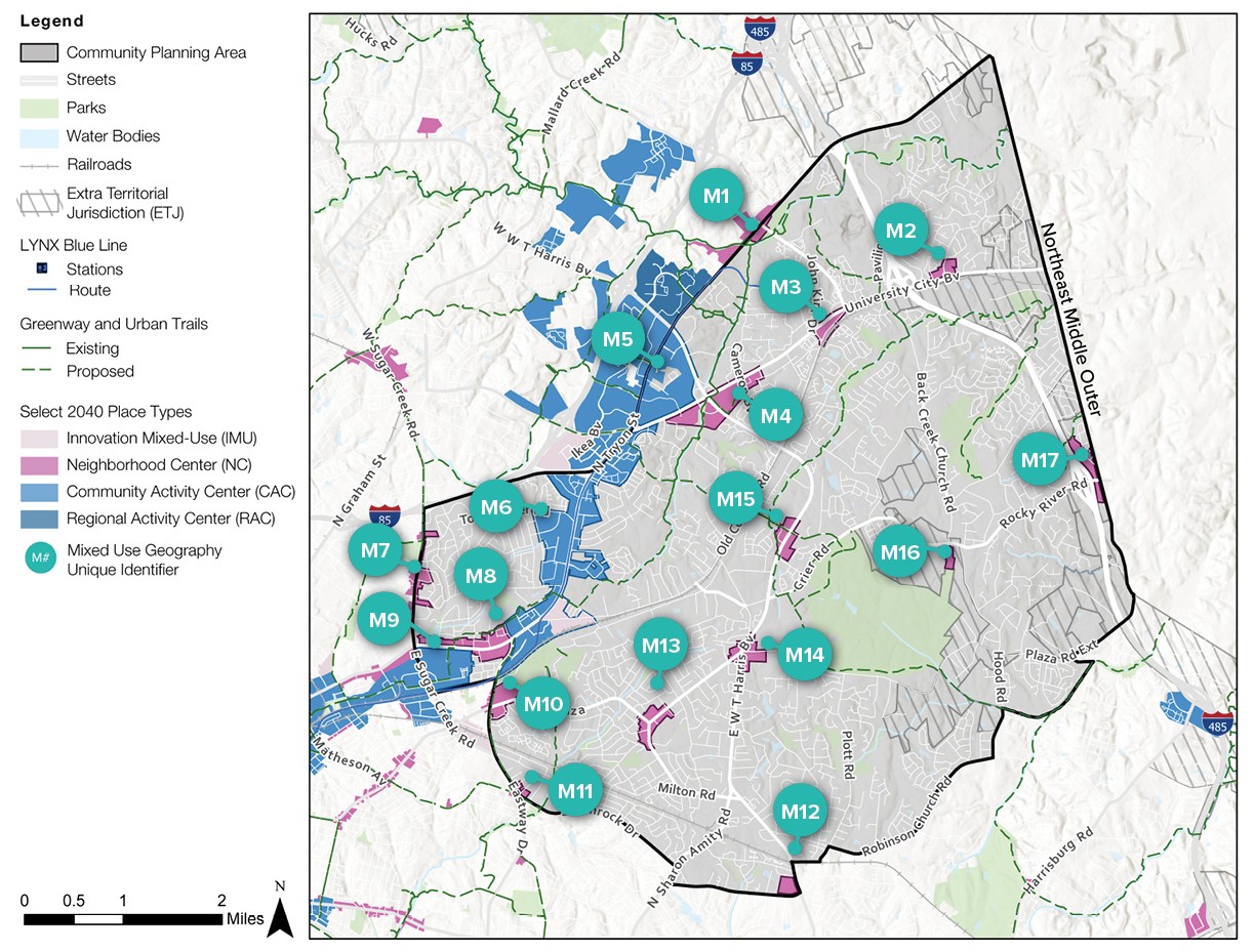 A detailed map indicating various community planning areas, transit stations labeled M1 to M16, water bodies, and trails in a specific region. The map features a color-coded legend for navigation.