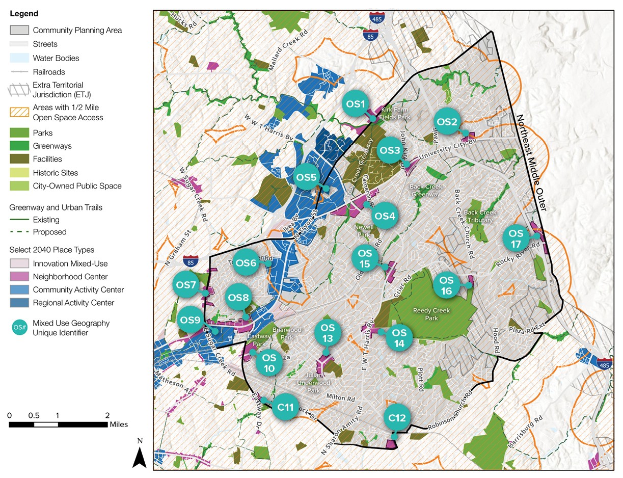 A detailed map showing community planning areas with color-coded zones for parks, facilities, and trails. Key locations marked with circles indicate various sites, including existing and proposed structures.