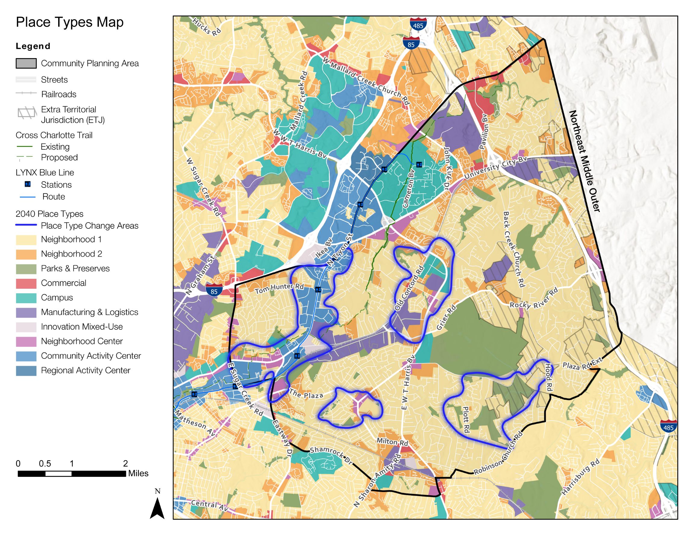 A colorful map displaying various place types, including community planning areas, streets, and different land use categories. Key features include parks, commercial areas, and planned developments, along with a scale for distance.