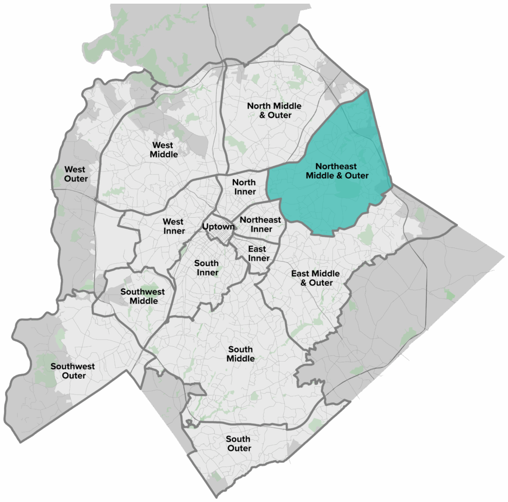 A map showing various districts in a city, with the 'Northeast Middle & Outer' area highlighted in teal. Surrounding districts are labeled and shown in varying shades of gray.