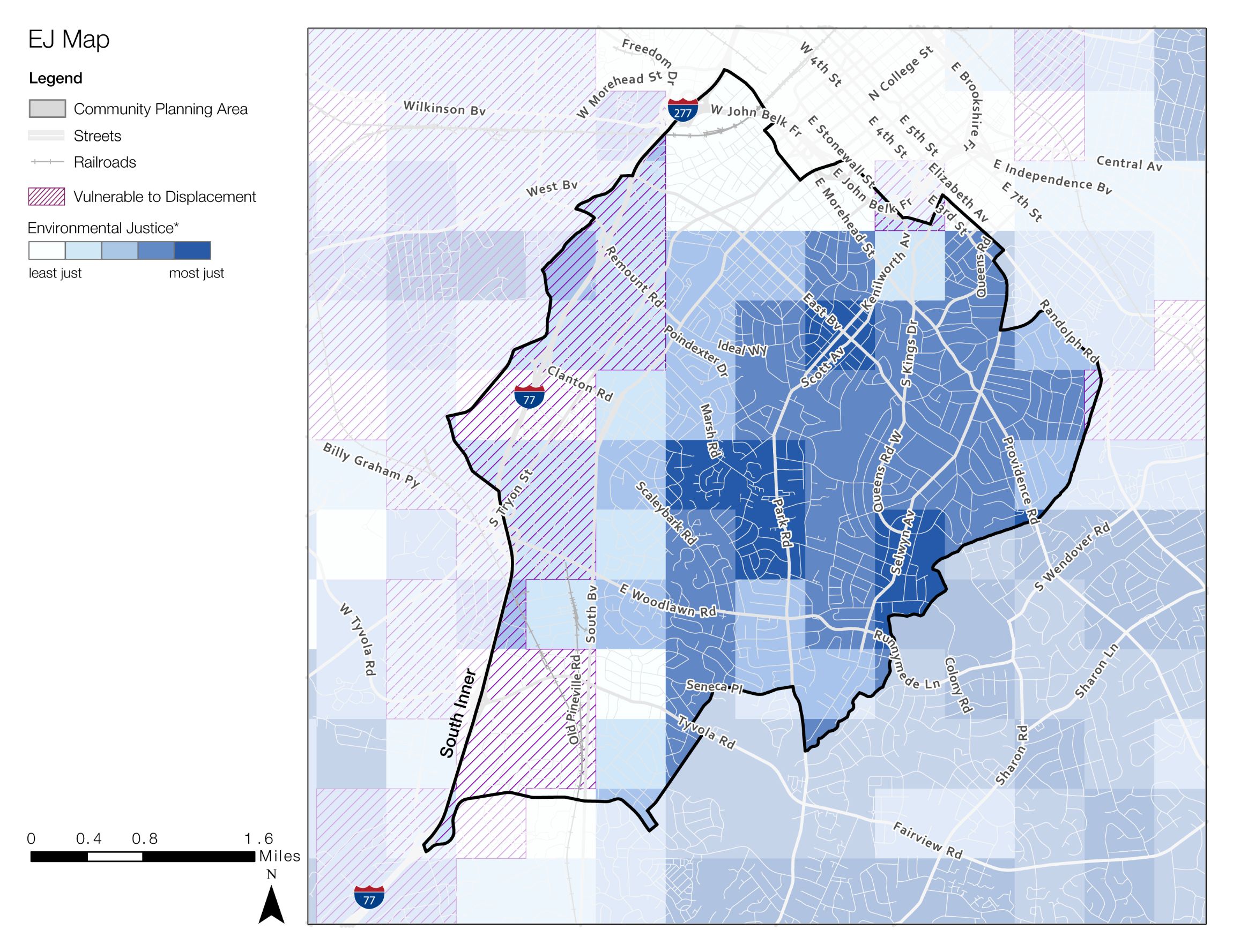 A map illustrating Environmental Justice (EJ) areas with various shades of blue representing vulnerability to displacement. The map includes labeled community planning areas, streets, and railroads, along with a legend for reference.