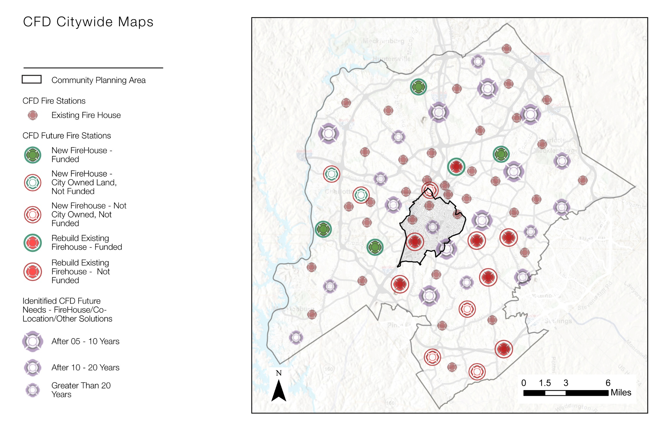A city map illustrating fire stations, including existing and proposed locations. Green circles indicate active fire houses, while red circles denote future fire station plans, with different notations for funding status. A scale is present for reference.