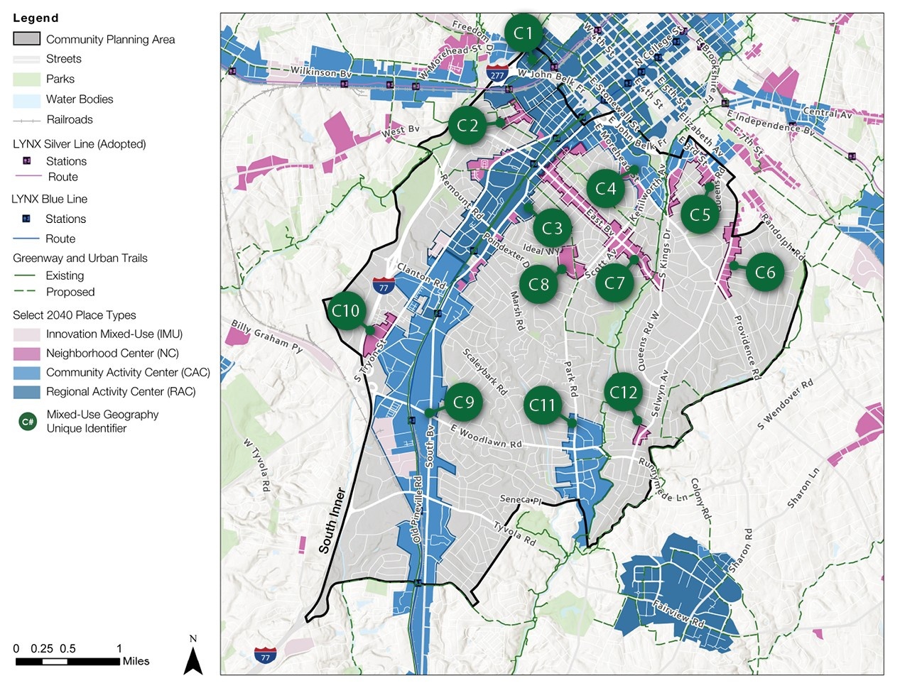 A map highlighting a community planning area with marked locations labeled C1 to C12. The map includes streets, parks, water bodies, and LYNK Silver Line route with stations, centered on a city layout and surrounding areas.