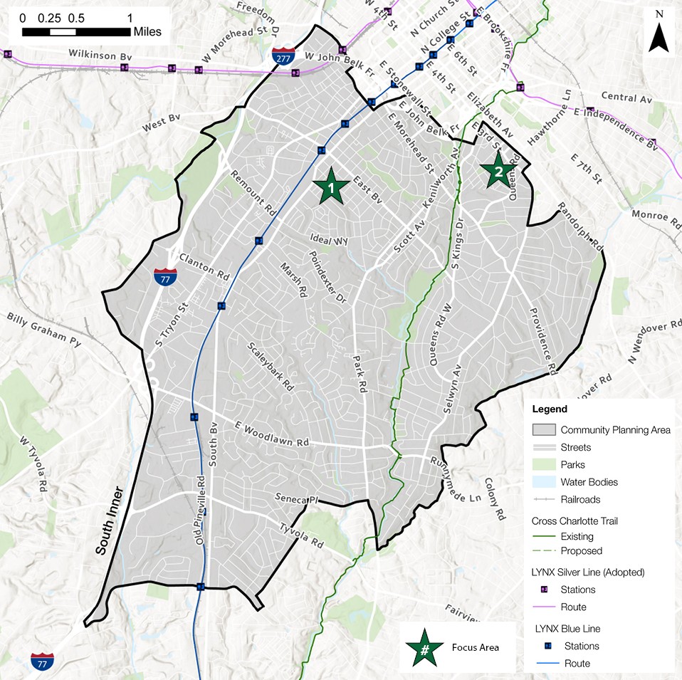 A map of a suburban area showing community planning features, including streets, parks, water bodies, and railroads. Key locations are marked with green stars, and the legend provides details on the LYNX light rail lines and stations.