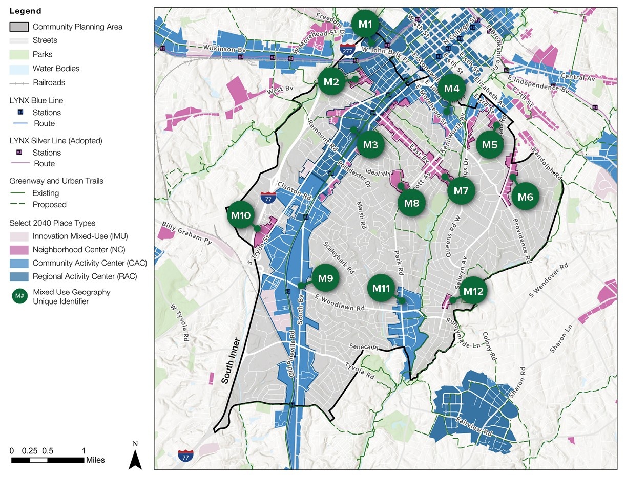 A map displaying a community planning area with highlighted streets, parks, and water bodies. Green markers indicate key locations (M1 to M12), along with legends for various place types and proposed routes.