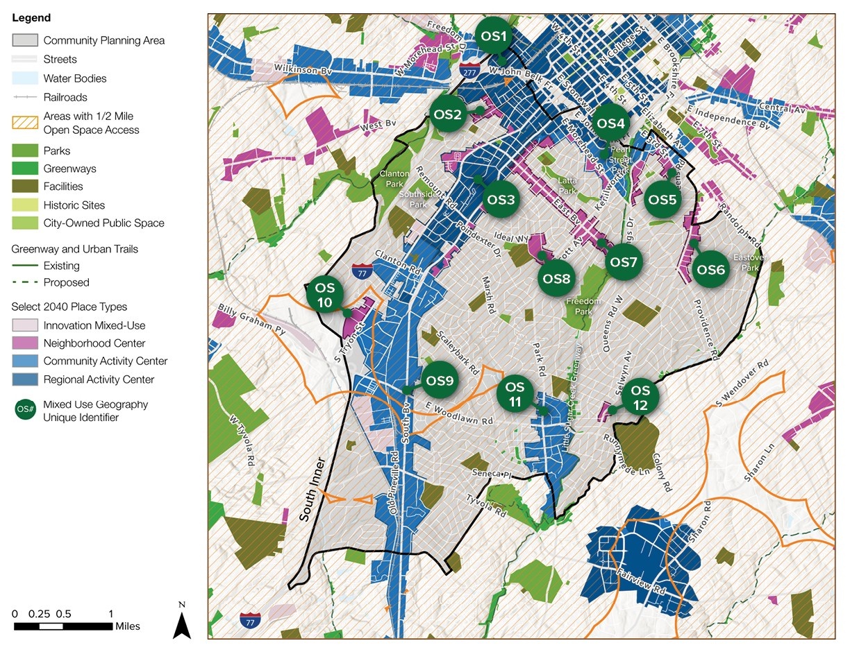 A detailed map displaying a community planning area, featuring designated open spaces, parks, trails, and a legend indicating existing and proposed areas. Major landmarks and transportation routes are also marked.