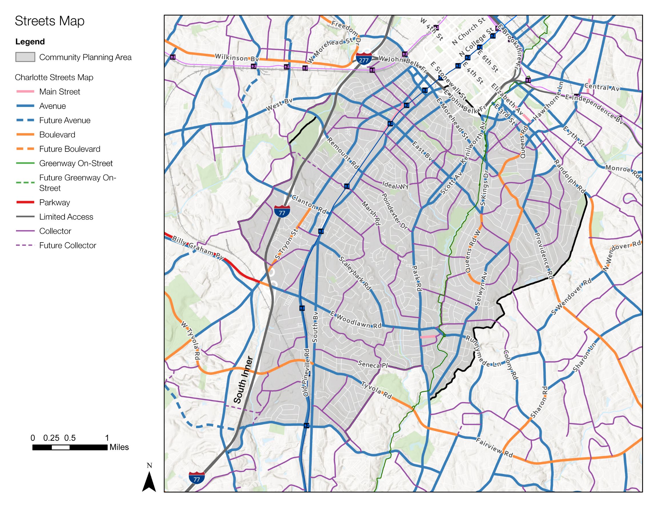 A detailed streets map of Charlotte, showcasing various road types including main streets, avenues, boulevards, and future road plans. The map also indicates community planning areas and includes a legend for easy reference.