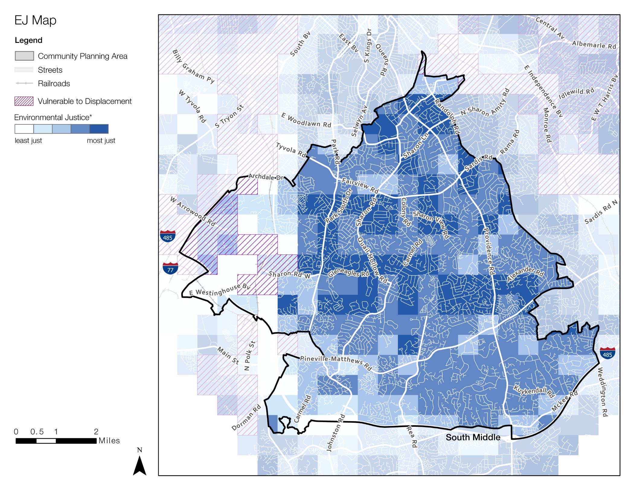 A map showing various community planning areas, streets, and railroads, highlighted in shades of blue to indicate environmental justice and areas vulnerable to displacement. A legend is included for reference.