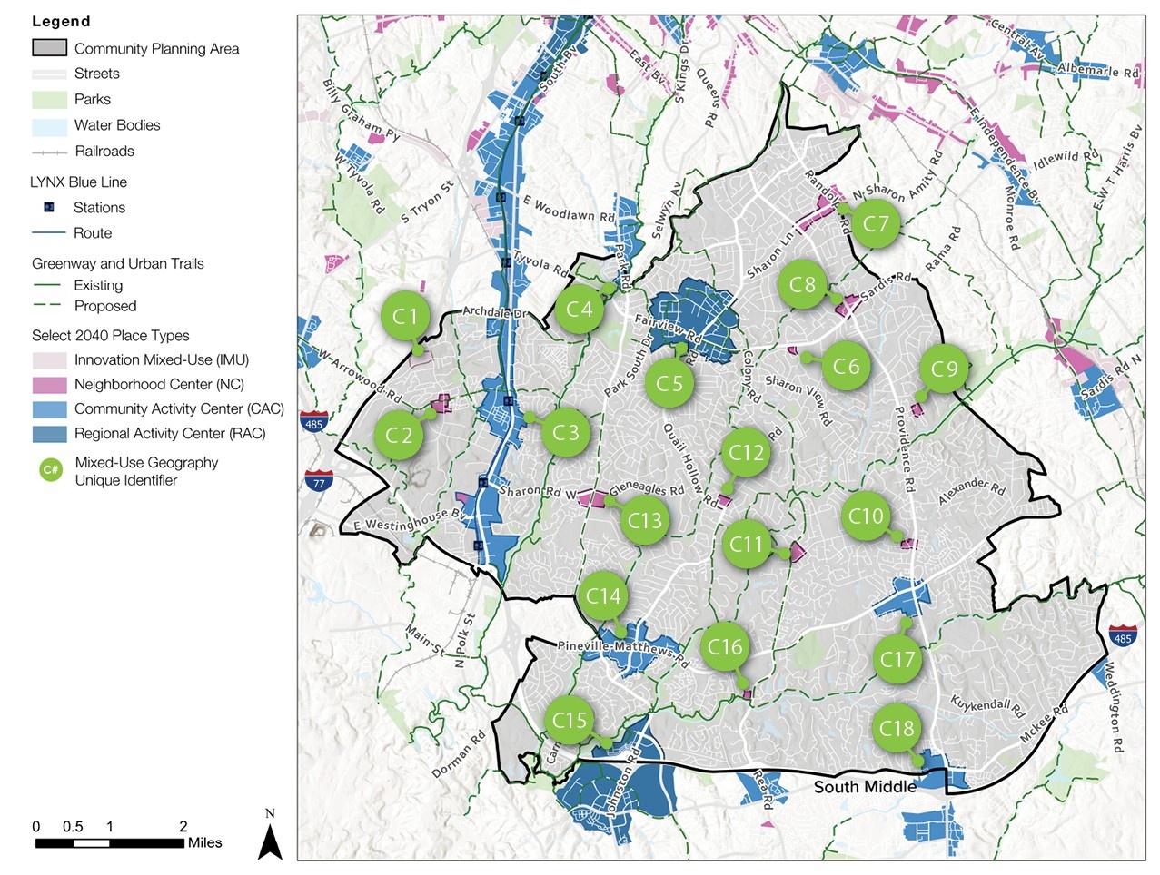 A detailed map showing community planning areas, streets, parks, and water bodies. Labeled locations (C1-C18) indicate various place types, including mixed-use geography, community activity centers, and regional activity centers.