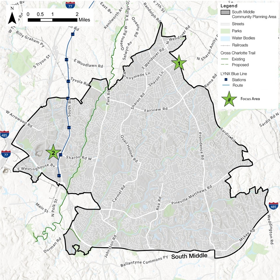A map of the South Middle area, showing community planning zones, streets, water bodies, and public transport routes. Key features include marked stations and a focus area, with a legend for navigation.