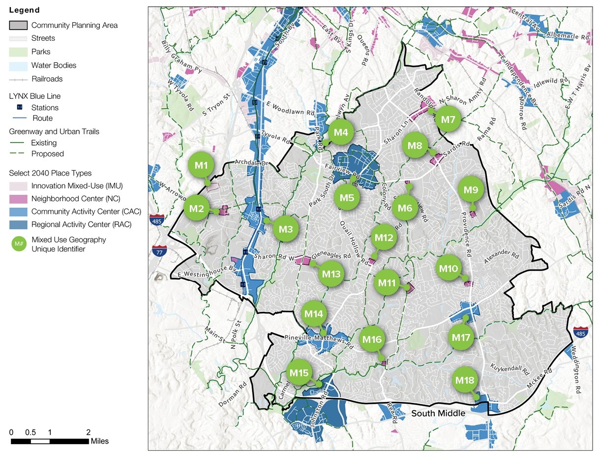 A detailed map showing community planning areas, parks, streets, and water bodies. Labeled points (M1 to M18) indicate specific locations and facilities. Colors represent different land uses and planning elements.