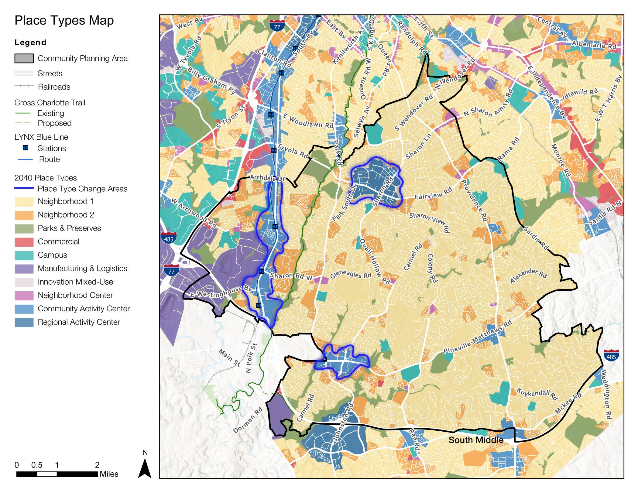 A detailed map showing various place types, including neighborhoods, parks, commercial areas, and community planning zones, with color-coded areas and legend indicating different features.