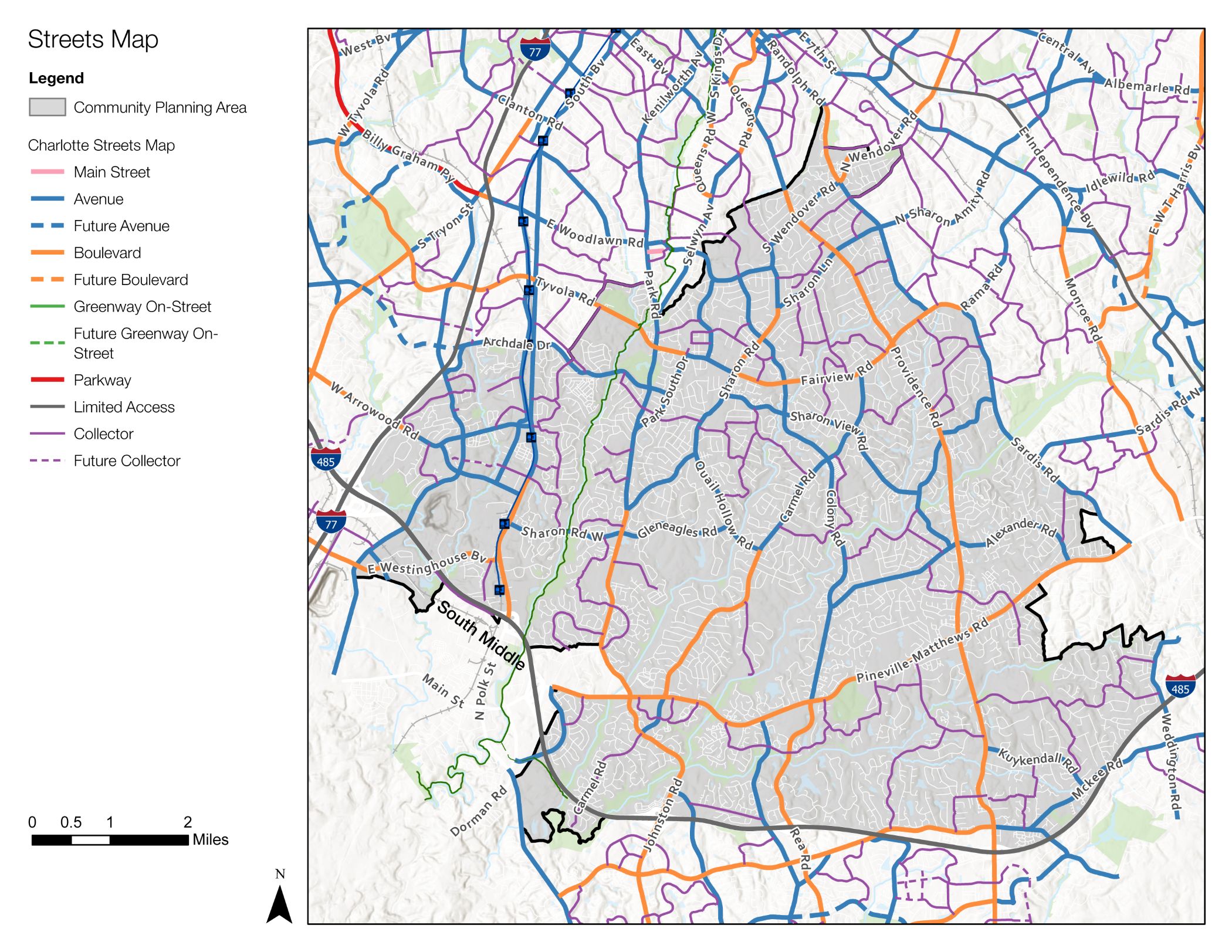A streets map of Charlotte showing various roadway types, including Main Street, Boulevard, and Future Avenues, with color-coded lines representing different street classifications and a legend for reference.