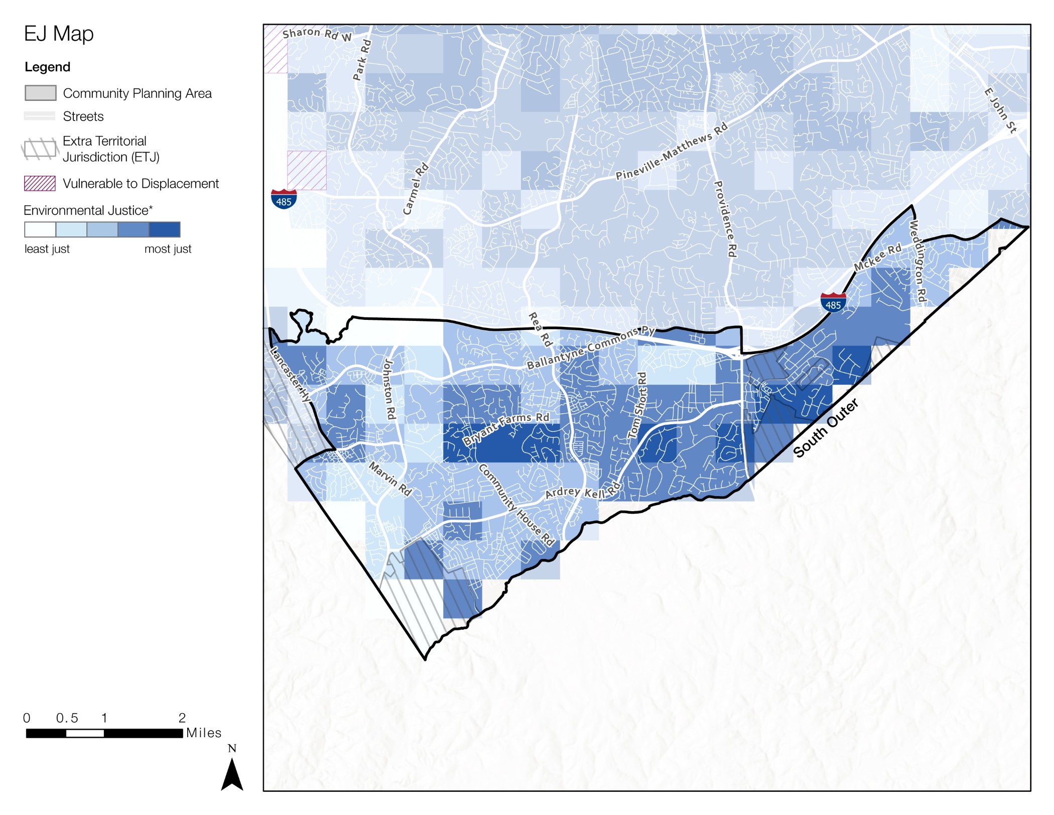 A map highlighting environmental justice areas, displaying different shades of blue to indicate community planning areas, vulnerable zones, and extra-territorial jurisdictions. Legend in the upper left corner clarifies area categorizations.