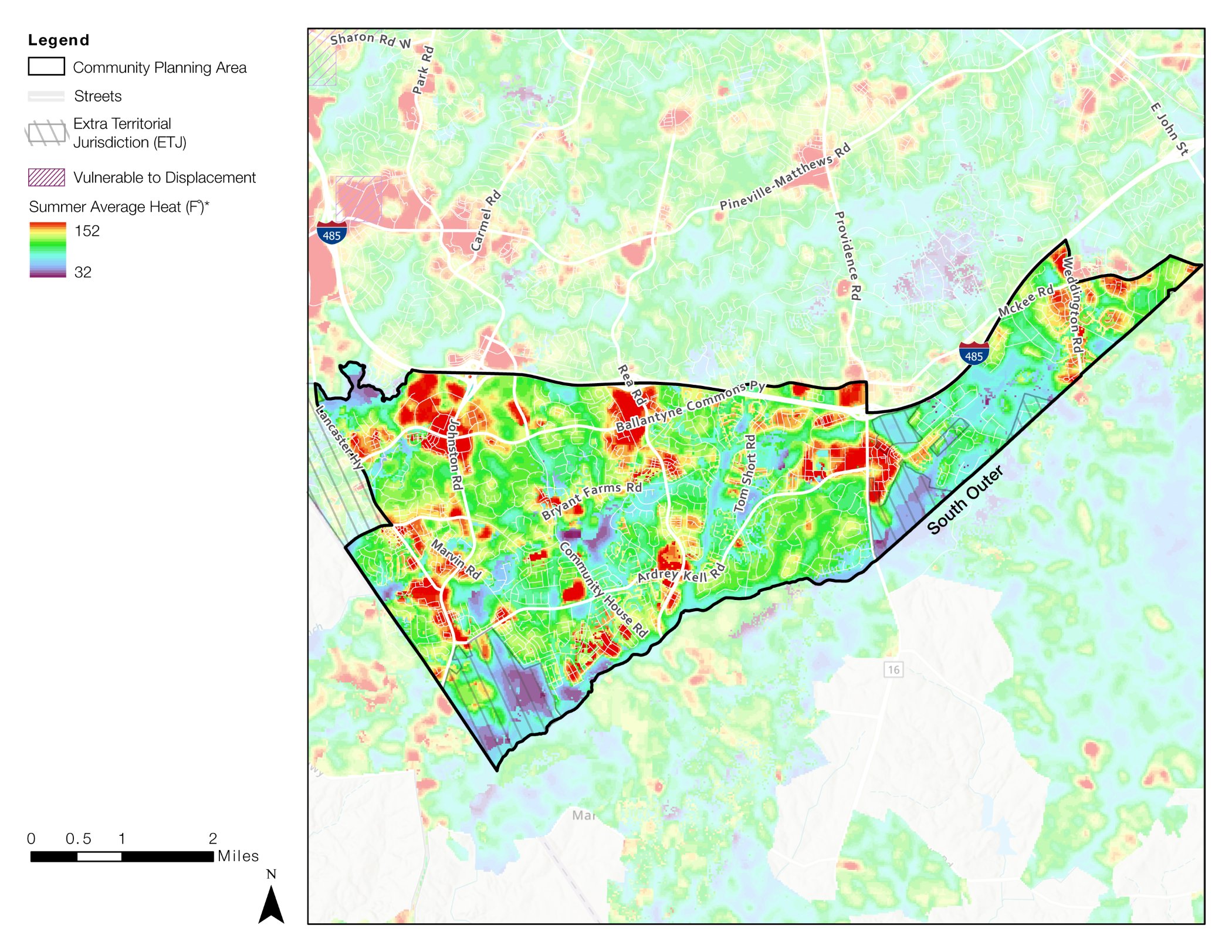A color-coded map showing community planning areas, streets, and regions vulnerable to displacement. Areas are marked in gradients to indicate summer average heat levels, with a scale for reference.