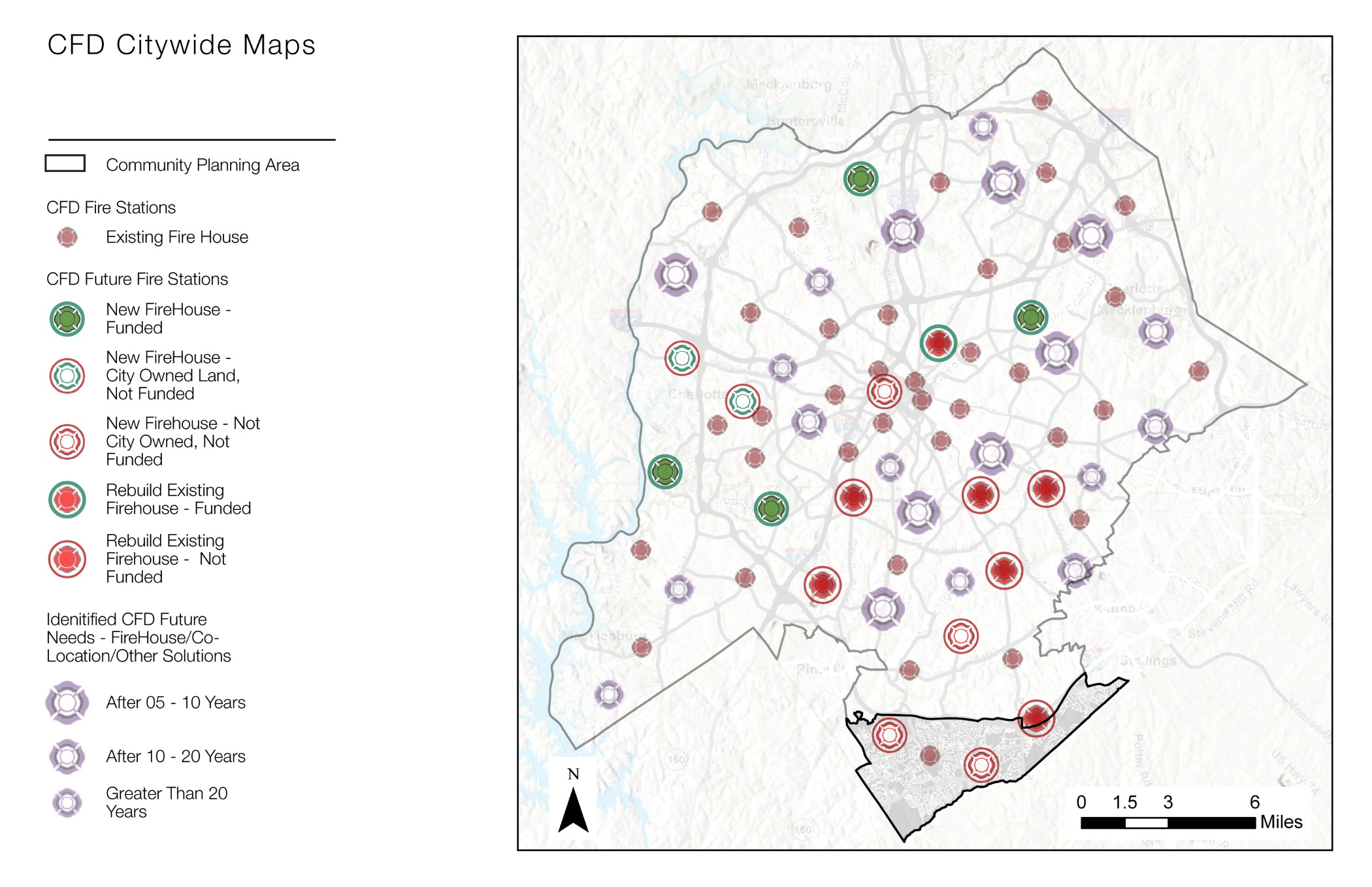 A city map showing the locations of existing and proposed fire stations. Existing stations are marked in green, future stations in red or purple, and planning areas are indicated. Each category is explained in a legend.