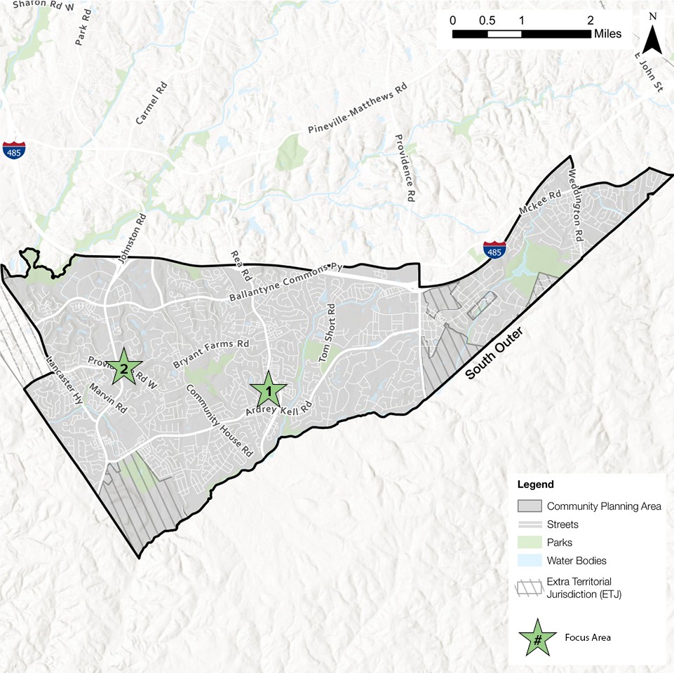 Map of a community planning area showing streets, parks, and water bodies. It includes focus area indicators marked with stars, with annotations for the South Outer section and geographic outlines.