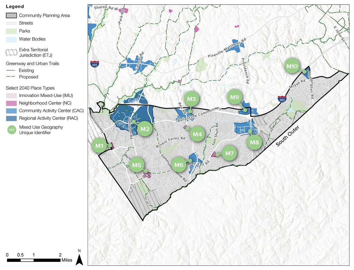 A detailed map showing community planning areas, streets, parks, and water bodies. It includes designations for different place types, such as Innovation Mixed-Use and Neighborhood Center, with a legend and geographic identifiers.