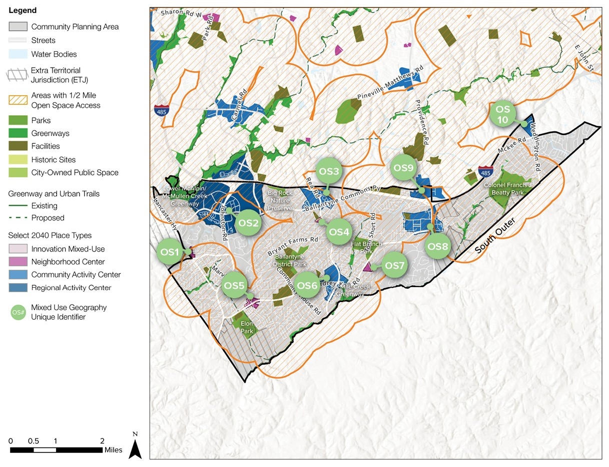 A detailed map showing community planning areas, parks, and open space in a region, with labeled zones (OS1 to OS10) and various land use designations. The map includes a legend for features such as streets and trails.